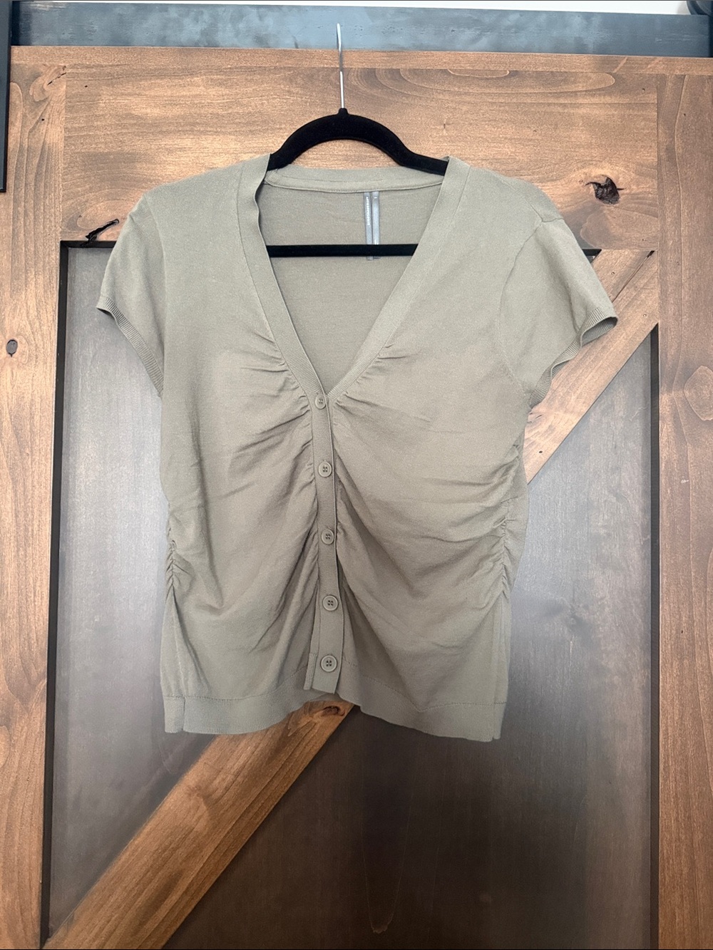 Anthropologie Olive Green Short Sleeve Ruched Button Cardigan
